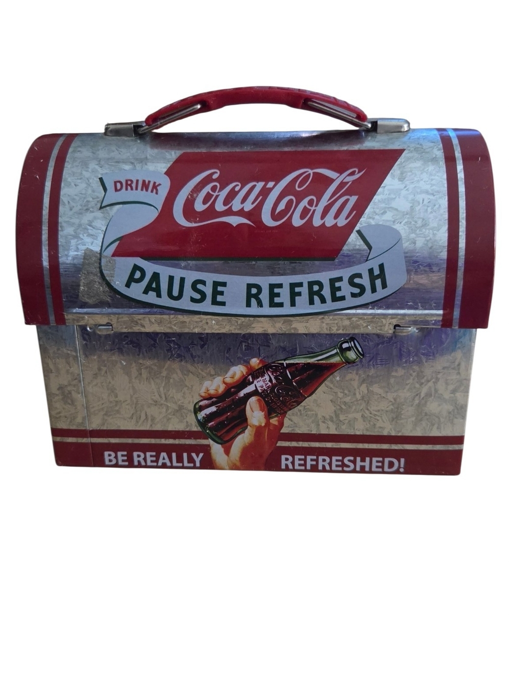 Coca Cola Red and Silver Retro Metal Lunch Box Bag with Handle